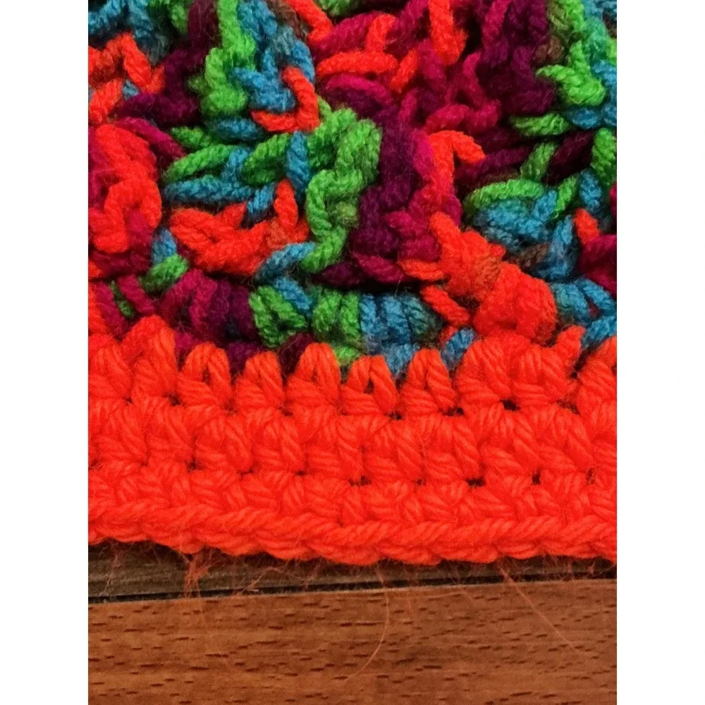 Handmade Vintage Crochet Lap Blanket Afghan Multi Color Orange Border‎ 32x34